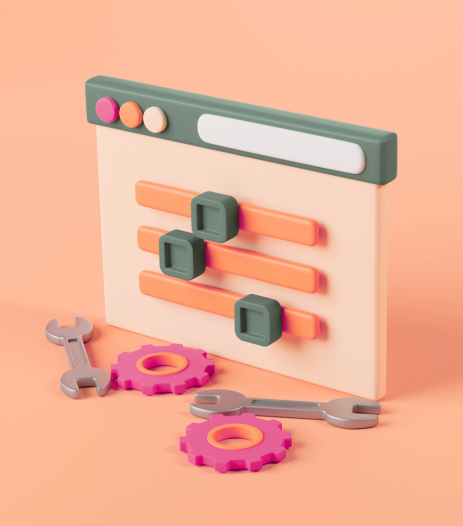 Illustration 3D d'une interface de réglages avec des outils et des engrenages