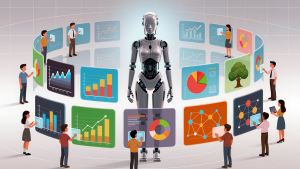 robot ia au milieu de personnes et d'écrans