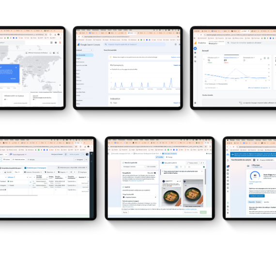Tablettes affichant des tableaux de bord Google Ads, Google Analytics et outils d’analyse marketing