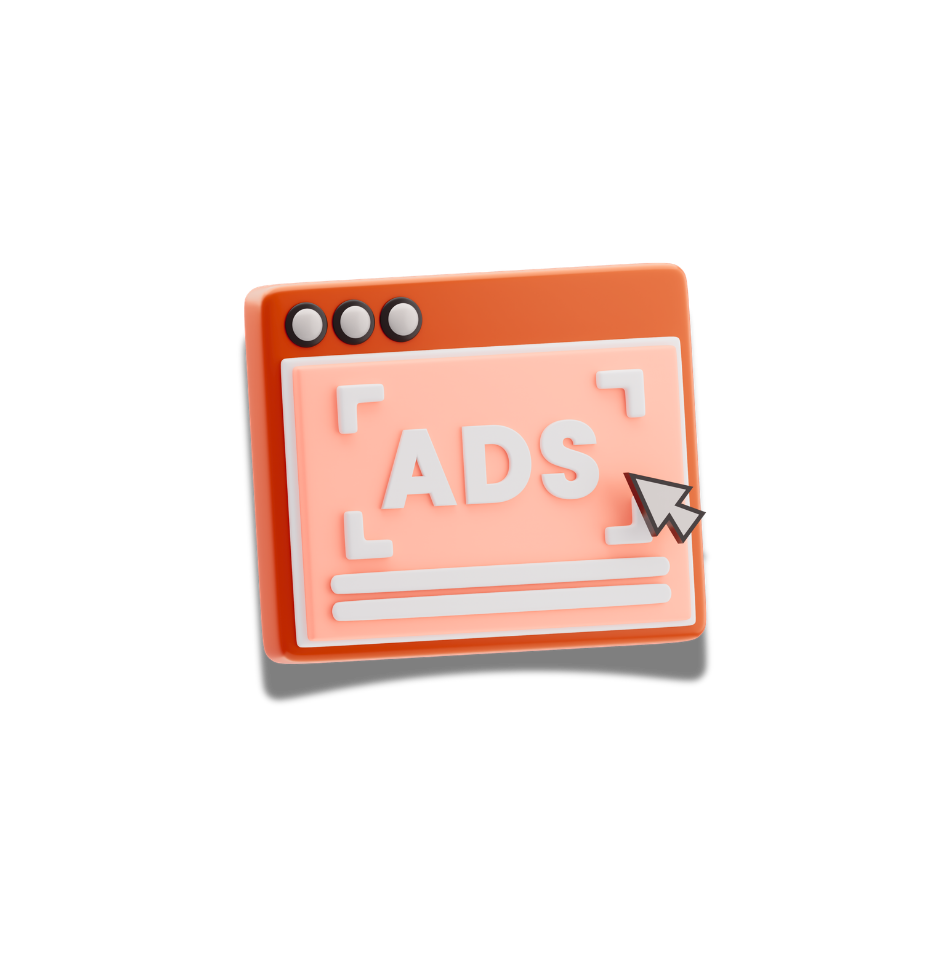 Illustration d’une fenêtre de navigateur orange avec le mot ADS au centre et un curseur de souris