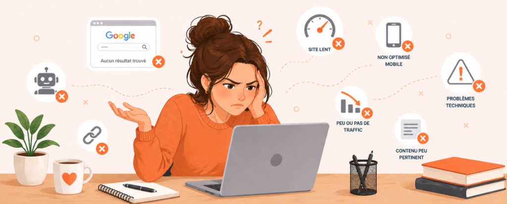 Femme agacée devant son ordinateur avec bureau et icônes SEO illustrant des problèmes de visibilité, trafic faible et erreurs techniques
