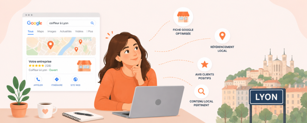 Femme travaillant sur sa visibilité locale sur Google avec carte, fiche établissement et stratégie de référencement local
