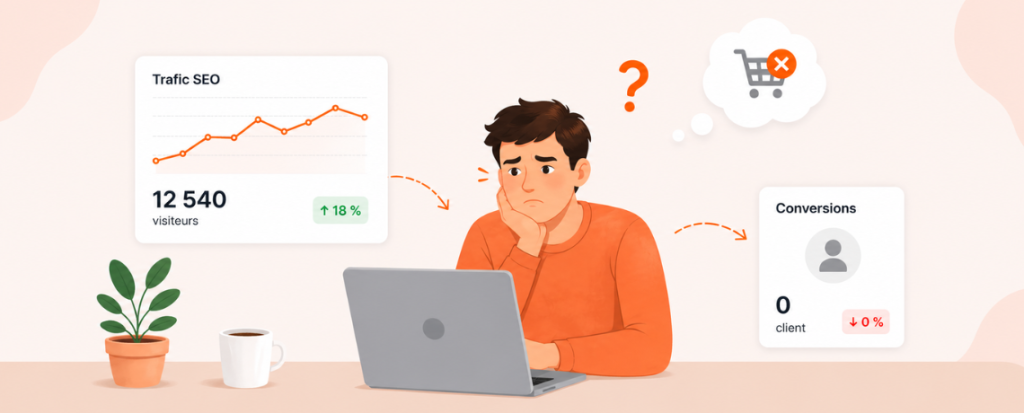 Homme analysant un trafic SEO en hausse sans générer de clients ni conversions sur son site web