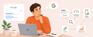 Homme réfléchissant à l’optimisation SEO de son site web avec interface Google et éléments illustrant structure, performance et visibilité