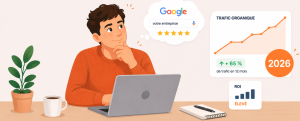 Homme réfléchissant à une stratégie SEO en 2026 avec croissance du trafic, visibilité et investissement rentable à long terme
