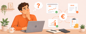 Homme réfléchissant au coût d’une prestation SEO avec icônes de devis, euro et performance autour de lui