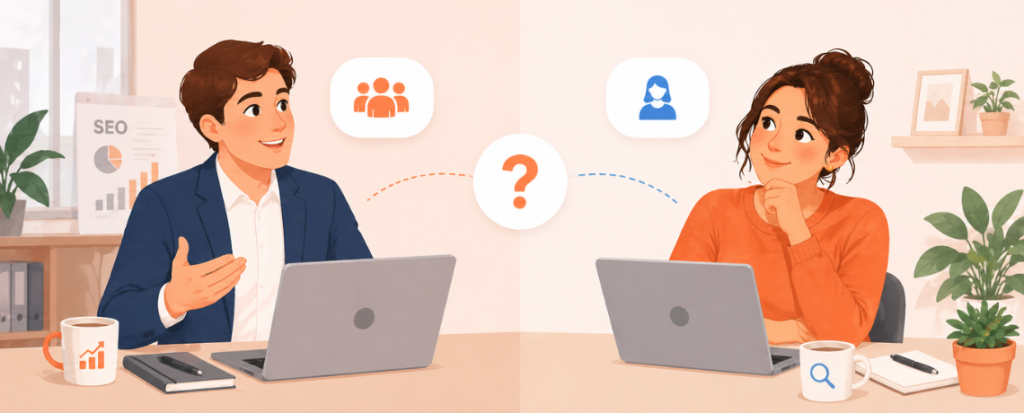 Homme représentant une agence SEO et femme consultante freelance face à face, chacun devant son ordinateur, illustrant le choix entre agence et consultant SEO