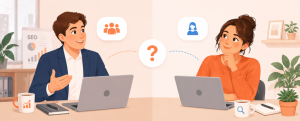 Homme représentant une agence SEO et femme consultante freelance face à face, chacun devant son ordinateur, illustrant le choix entre agence et consultant SEO