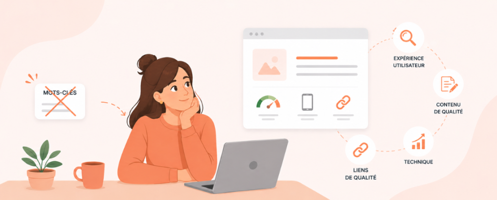 Illustration SEO avec une femme réfléchissant à sa stratégie digitale montrant que le référencement naturel ne se limite pas aux mots-clés