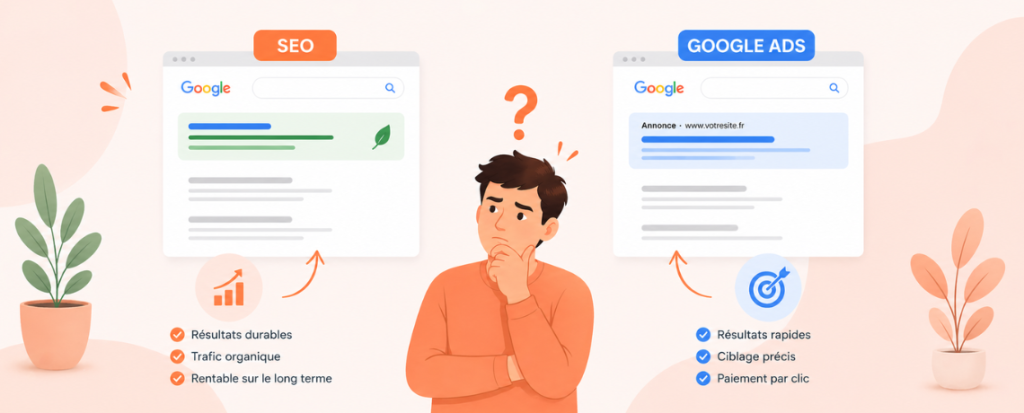 SEO ou Google Ads illustration comparative entre référencement naturel et publicité en ligne pour choisir la meilleure stratégie