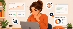 Femme analysant les performances SEO de son site web sur ordinateur avec tableaux de bord, graphiques et indicateurs de référencement naturel