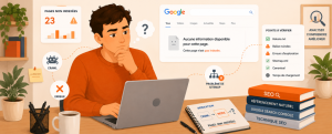 Homme concentré devant son ordinateur avec interface Google et éléments illustrant les problèmes d’indexation des pages et le référencement SEO