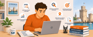 Homme concentré sur un audit SEO à La Rochelle devant son ordinateur avec icônes d’analyse, optimisation technique et stratégie locale autour de lui