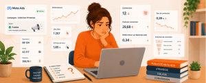 Femme devant son ordinateur analysant une campagne Meta Ads diffusée avec de nombreuses impressions mais un faible taux de conversion