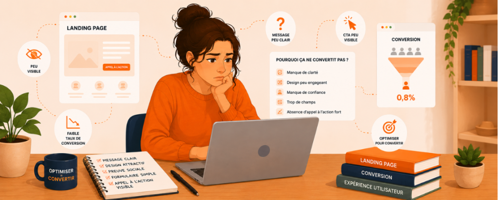 Femme devant son ordinateur analysant une landing page avec icônes représentant les freins à la conversion et l’optimisation du taux de conversion