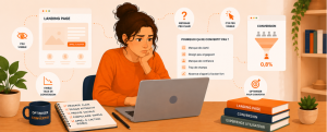 Femme devant son ordinateur analysant une landing page avec icônes représentant les freins à la conversion et l’optimisation du taux de conversion