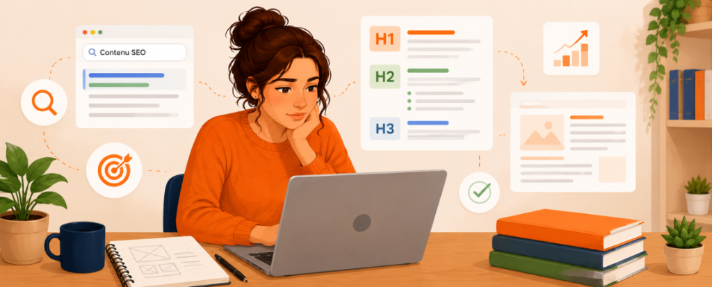 Femme travaillant sur la structure d’un contenu SEO devant son ordinateur avec icônes illustrant l’organisation d’une page, le référencement naturel et la performance