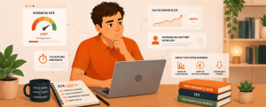 Homme analysant la vitesse de chargement de son site web sur ordinateur avec icônes illustrant un site lent, la baisse des conversions et l’impact sur le chiffre d’affaires