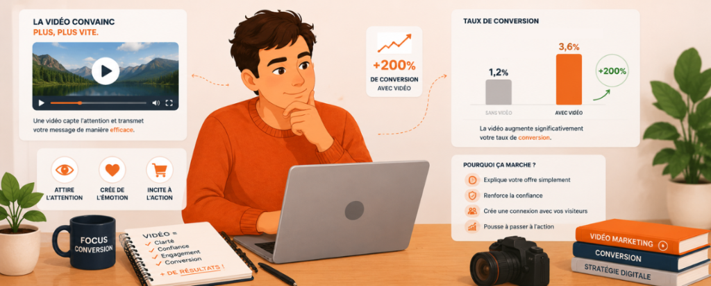 Homme devant son ordinateur avec lecteur vidéo, graphiques de conversion et éléments illustrant l’impact de la vidéo sur les performances d’un site web
