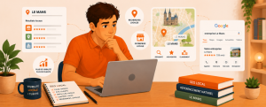 Homme travaillant sur le référencement local au Mans devant son ordinateur avec carte Google, fiche d’établissement et icônes illustrant la visibilité sur Google