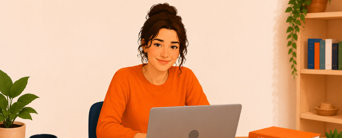 Consultante SEO freelance devant son ordinateur dans un bureau moderne