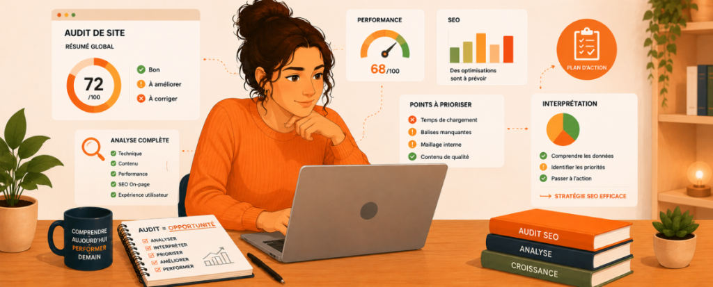Femme devant son ordinateur interprétant les résultats d’un audit SEO avec graphiques, indicateurs de performance et recommandations d’optimisation