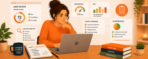 Femme devant son ordinateur interprétant les résultats d’un audit SEO avec graphiques, indicateurs de performance et recommandations d’optimisation