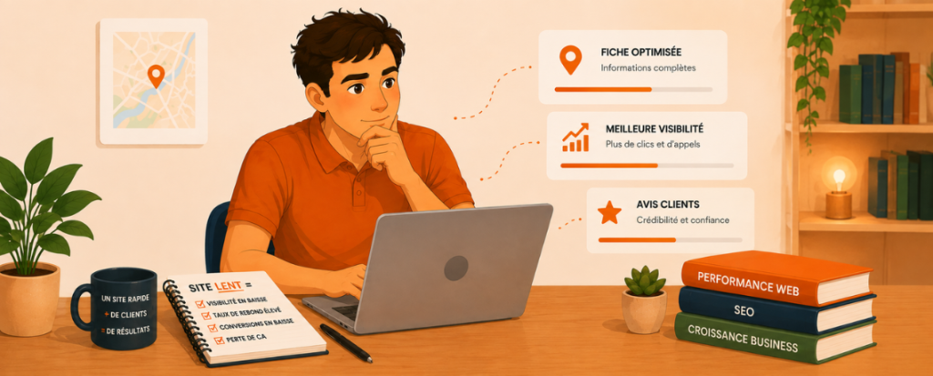 Homme travaillant sur l’optimisation d’une fiche Google Business Profile avec éléments illustrant la visibilité locale et les avis clients à Vannes