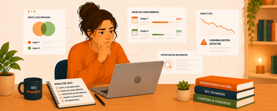 Femme analysant une cannibalisation SEO sur son ordinateur avec plusieurs pages en concurrence sur des mots-clés similaires
